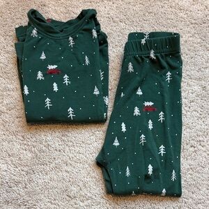 Kids Green Pajamas with Tree and Car Print